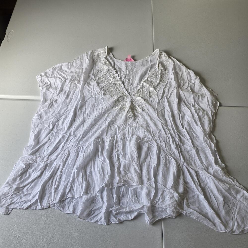 Lilly Pulitzer Tunic Blouse Womens S/M White Paisley Embroidered Beaded V Neck